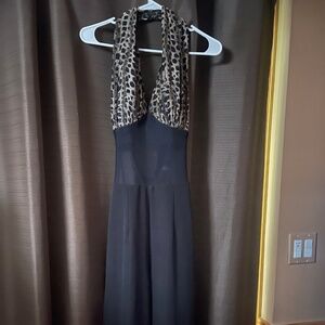 ASHLEE halter top pant jumper size 6, sheer mesh waist band, leopard print top